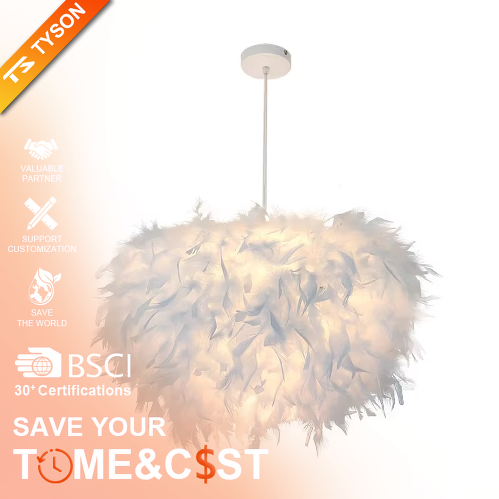 Dreamy feather spherical chandelier (pure white feather lampshade + thin hanging wire), warm light effect, creating a soft and healing space atmosphere.