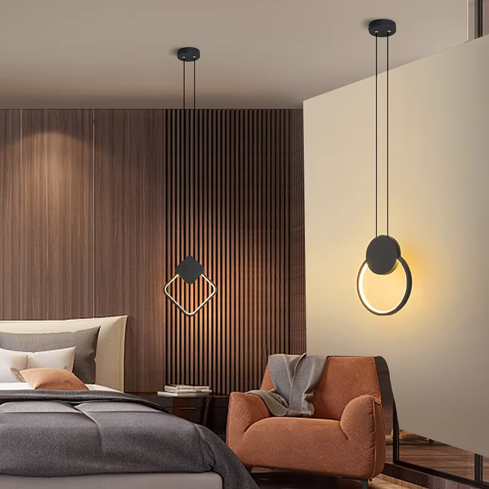 Modern minimalist elliptical ring LED chandelier, suspended elliptical shape made of black metal frame, built-in linear light source with soft and uniform light, designed to enhance the minimalist atmosphere of spaces, suitable for bedroom bedside, entrance, light luxury homes and commercial spaces
