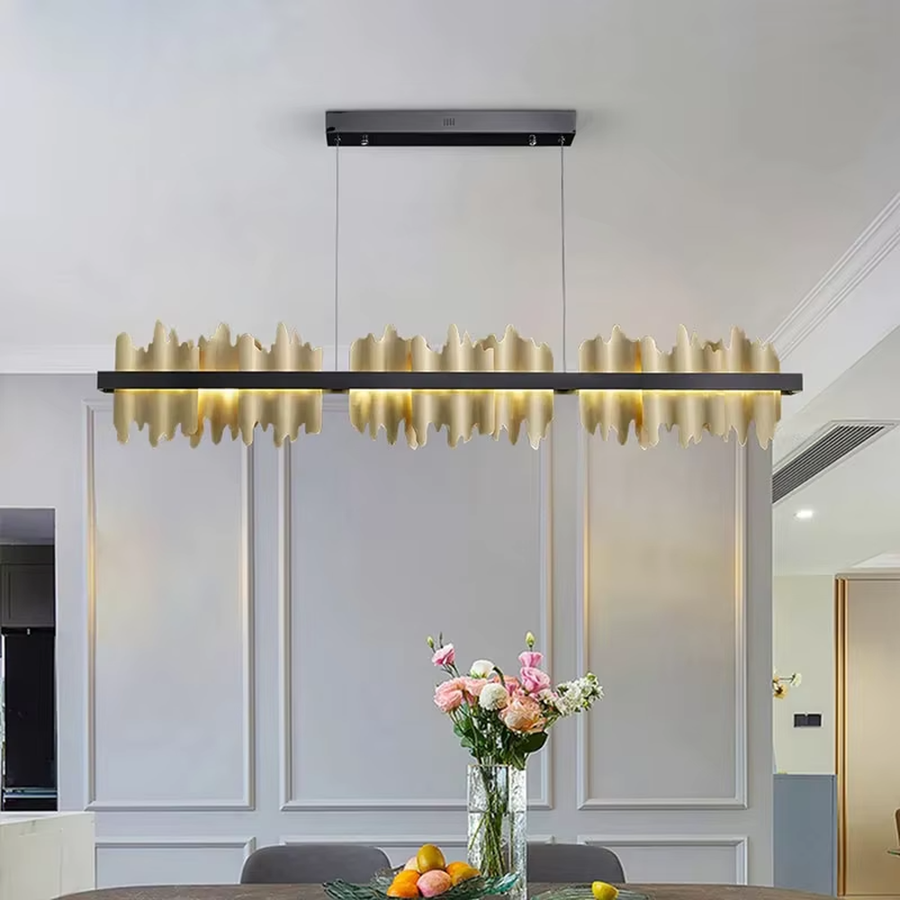 Modern art mountain-shaped black-gold long chandelier, warm light effect, creating a high-quality creative space atmosphere.