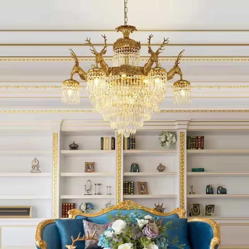 European palace-style golden deer-shaped crystal chandelier, warm light effect, creating a luxurious and elegant nature-themed space atmosphere.