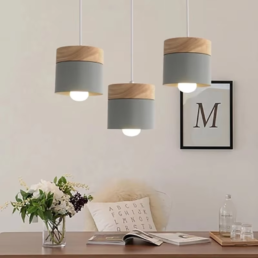 Nordic minimalist wood chandelier, with wooden tops and multi-color metal lampshades (grey/white/yellow optional), single/multi-head combination design, soft and even light, designed to enhance the fresh atmosphere of spaces, suitable for dining tables, home bars, coffee shops, etc.