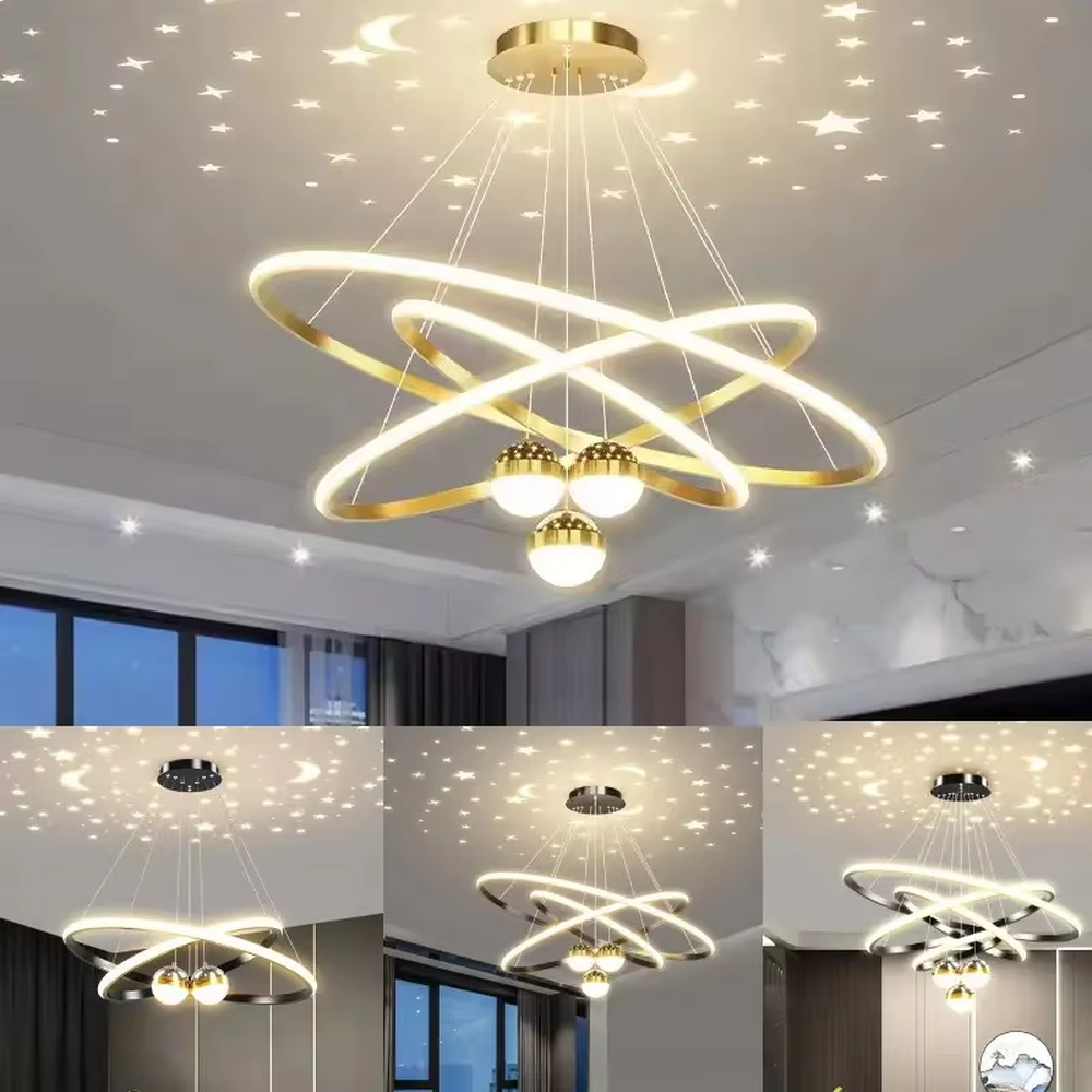 This modern light luxury galaxy-shaped chandelier features multi-layer interlaced ring light strips made of black and gold metal, paired with spherical crystal lamp shades, and has a built-in star and moon projection effect on the top. It serves both lighting and decorative purposes, ideal for modern home spaces such as living rooms and dining rooms, as well as light luxury commercial venues.