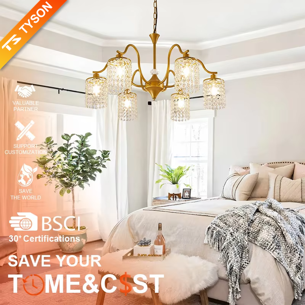 This is a luxury retro-style branch chandelier with a golden frame and six crystal lampshades, featuring an elegant and grand design that shines brilliantly under light. It is used for space lighting and decoration, creating a luxurious and warm ambiance. It is suitable for luxury-style home bedrooms, living rooms, high-end homestay guest rooms, retro-style restaurants and other places.