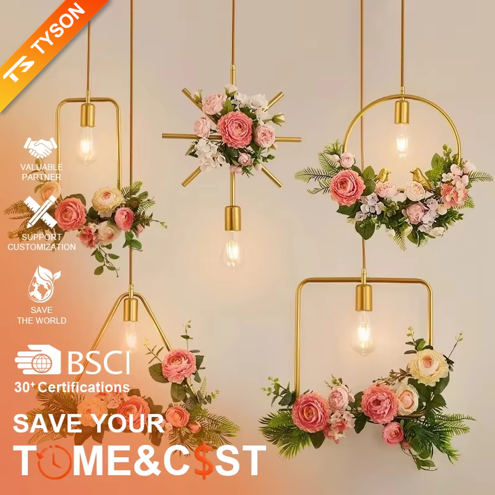 This is a natural and fresh floral metal chandelier, including two styles of golden circular and radial metal frames, paired with artificial green plants, flowers and transparent bulbs. It features a natural and romantic design with warm and soft lighting. It is used for space lighting and decoration, creating a natural and romantic atmosphere. Suitable for Nordic-style homes, literary cafes, wedding venues, art homestays and other places.