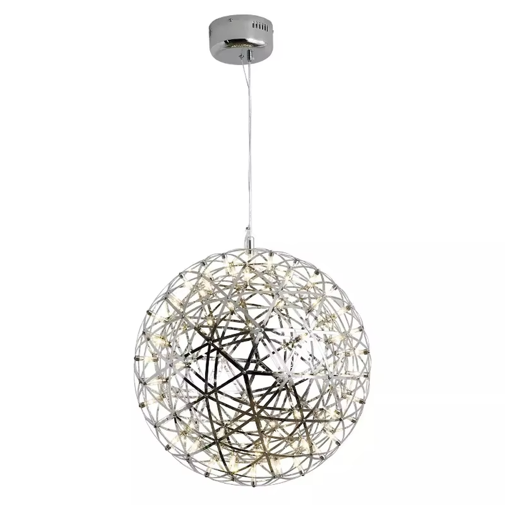 Art spark ball dandelion chandelier (metal woven spherical frame + built-in LED light source), warm/cool light effect, creating a dreamy and bright high-ceiling space atmosphere.