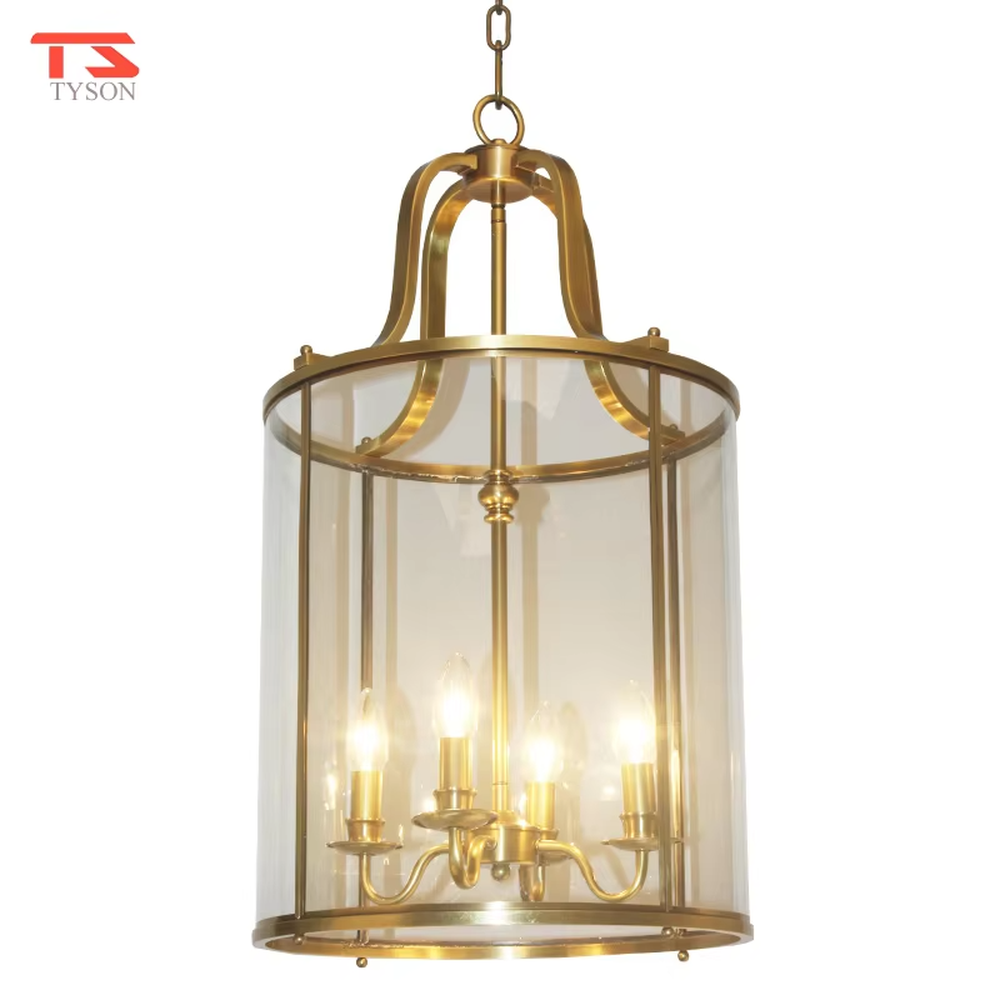 Light luxury golden metal cage-style glass cover candelabra chandelier, golden frame + transparent cylindrical glass cover + candle-shaped bulbs, soft warm light, creating a vintage light luxury atmosphere.