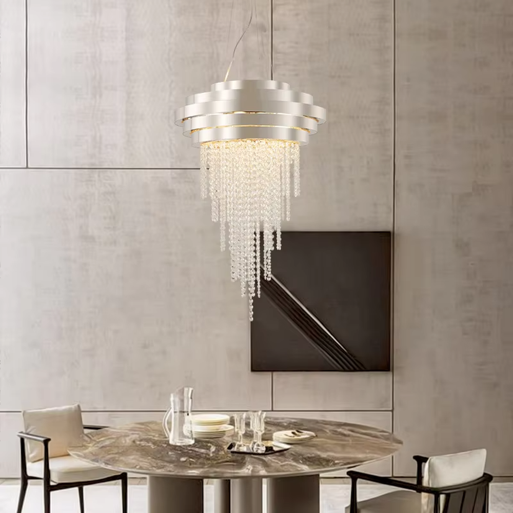 Modern light luxury gold-top black crystal string chandelier, golden multi-layer ring top + black crystal string decoration, brilliant and high-end lighting, creating a luxurious texture space atmosphere.