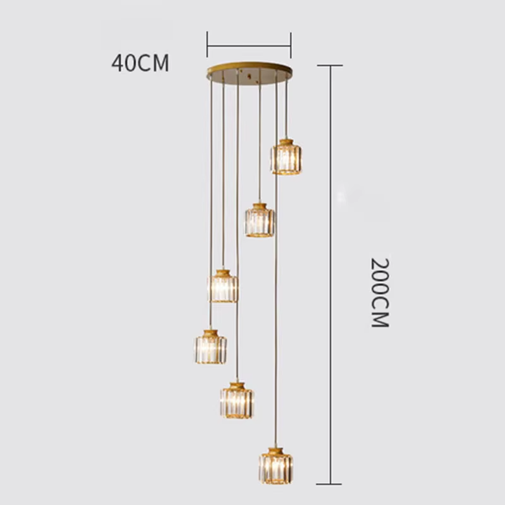 This is a luxury crystal multi-head chandelier with a golden top plate and multiple crystal square cylindrical lampshades, featuring a simple and grand design with luxury texture. It is used for space lighting and decoration, creating a luxurious and warm ambiance. It is suitable for loft-style double-height areas, luxury-style home living rooms, high-end apartment living areas and other places.