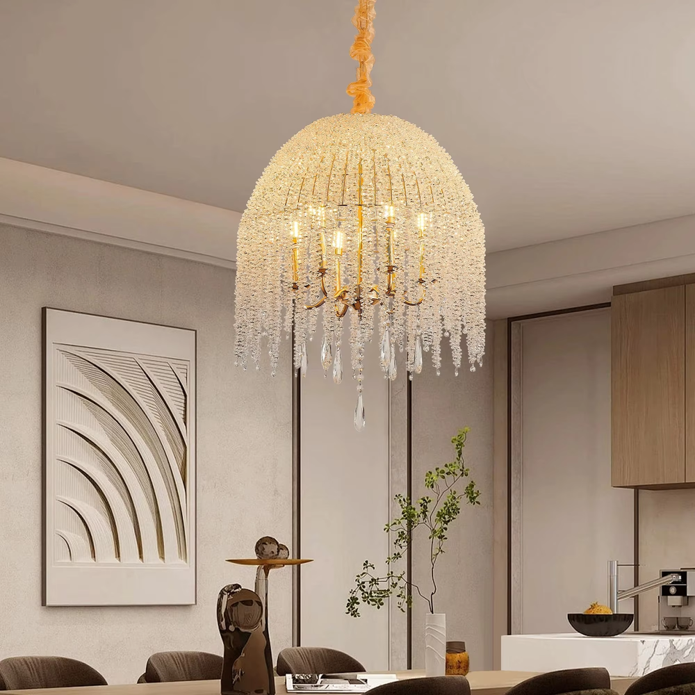 This is a luxury hemispherical crystal chandelier, with a golden frame and multi-layer crystals forming a hemispherical shape, and flexible crystal pendants, featuring a luxurious and elegant design. It is used for space lighting and decoration, creating a high-end luxury atmosphere. It is suitable for luxury-style home living rooms, high-end restaurants, luxury clubs and other places.