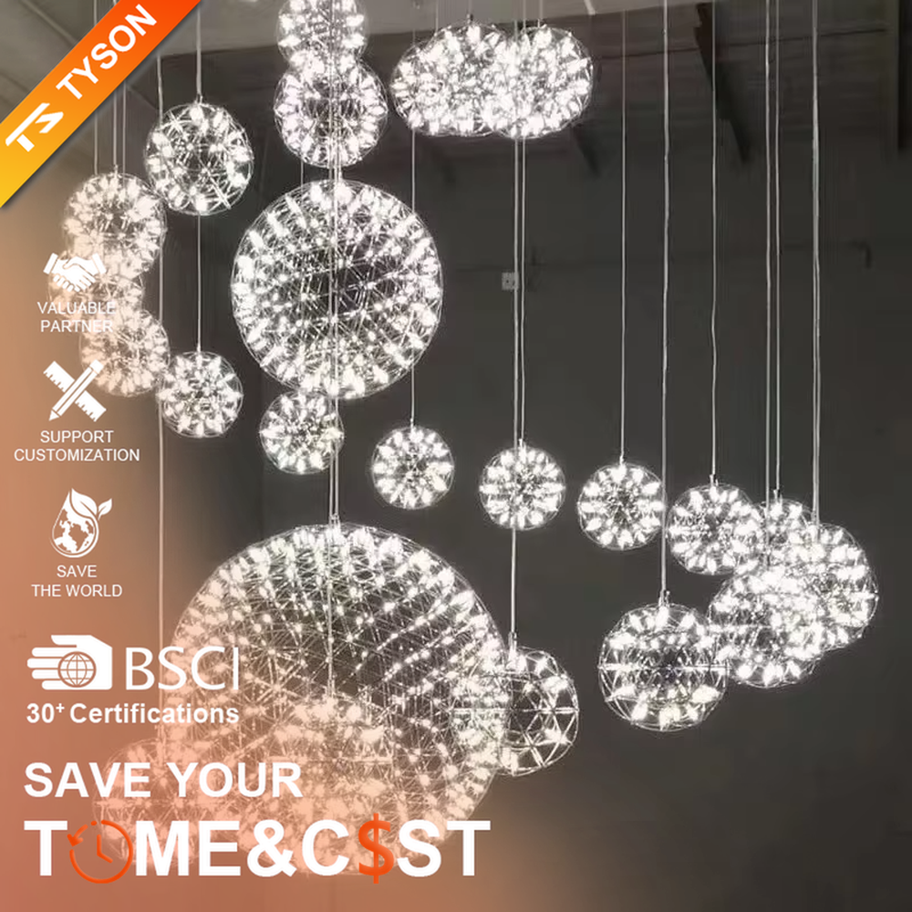 Art spark ball dandelion chandelier (metal woven spherical frame + built-in LED light source), warm/cool light effect, creating a dreamy and bright high-ceiling space atmosphere.