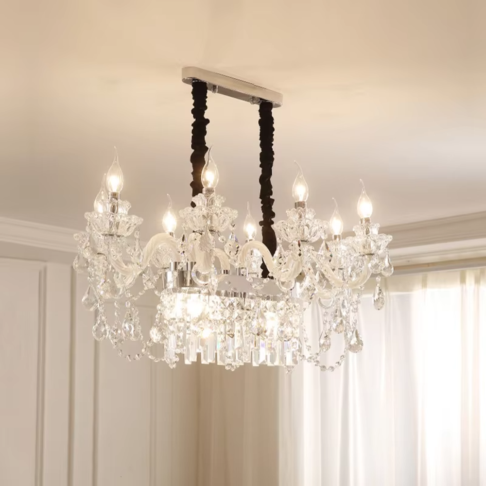 European palace-style fully transparent crystal chandelier, candle-shaped bulbs + crystal carvings + tassel design, brilliant warm light creates luxurious atmosphere.
