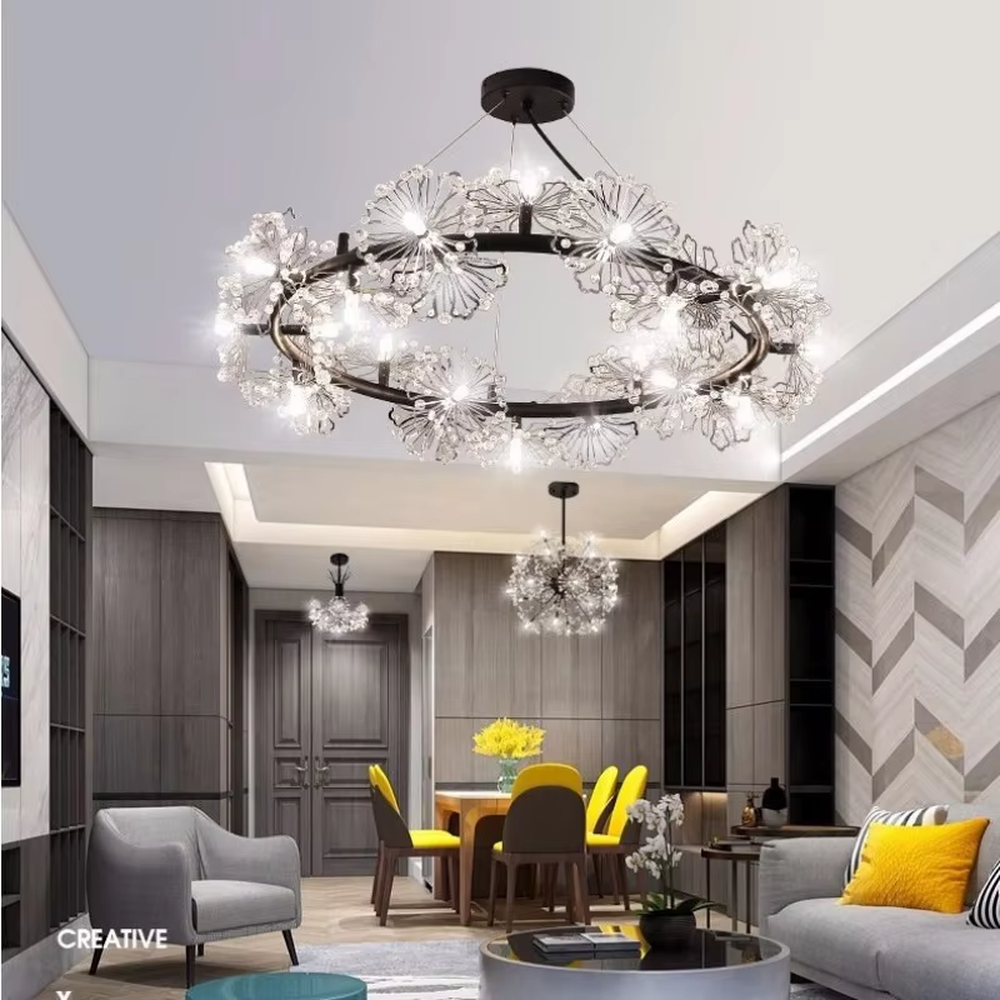 Art flower cluster bar chandelier (black frame + crystal flower clusters + warm light), warm light effect, creating a dynamic and exquisite light luxury home atmosphere.