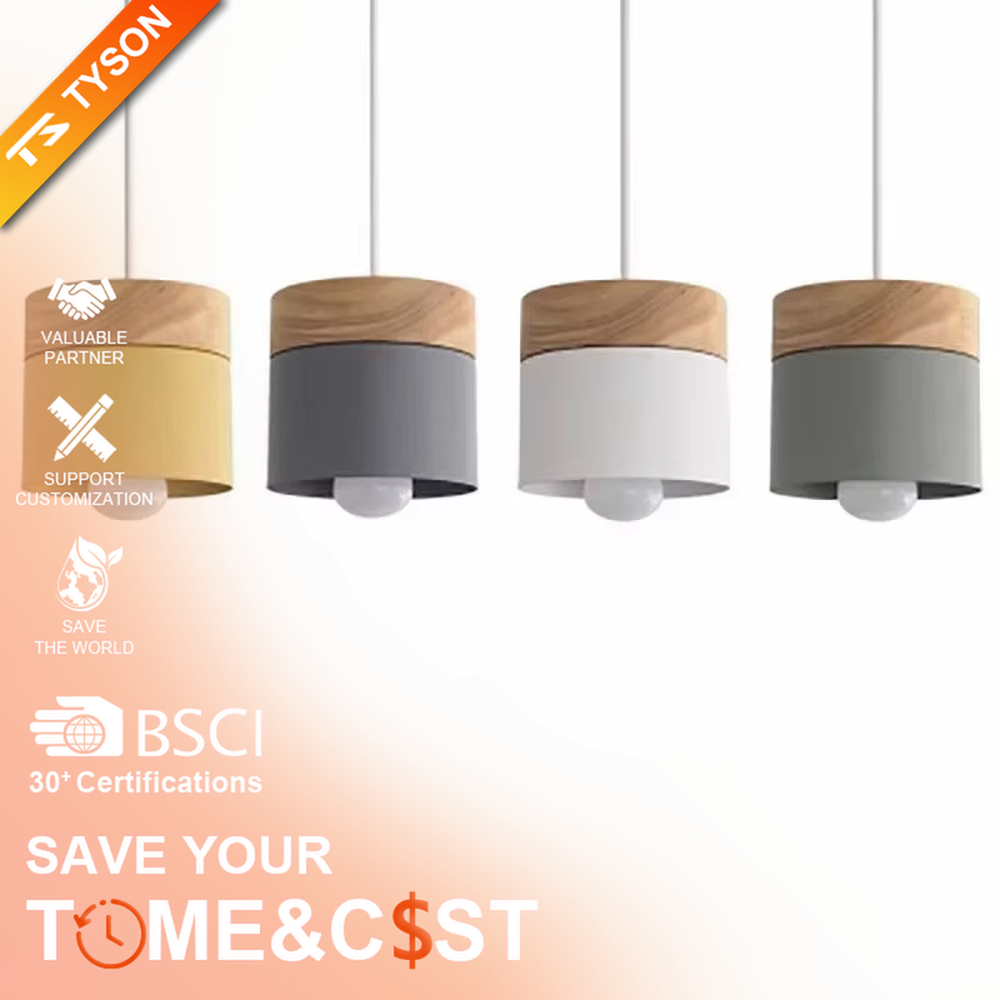 Nordic minimalist wood chandelier, with wooden tops and multi-color metal lampshades (grey/white/yellow optional), single/multi-head combination design, soft and even light, designed to enhance the fresh atmosphere of spaces, suitable for dining tables, home bars, coffee shops, etc.