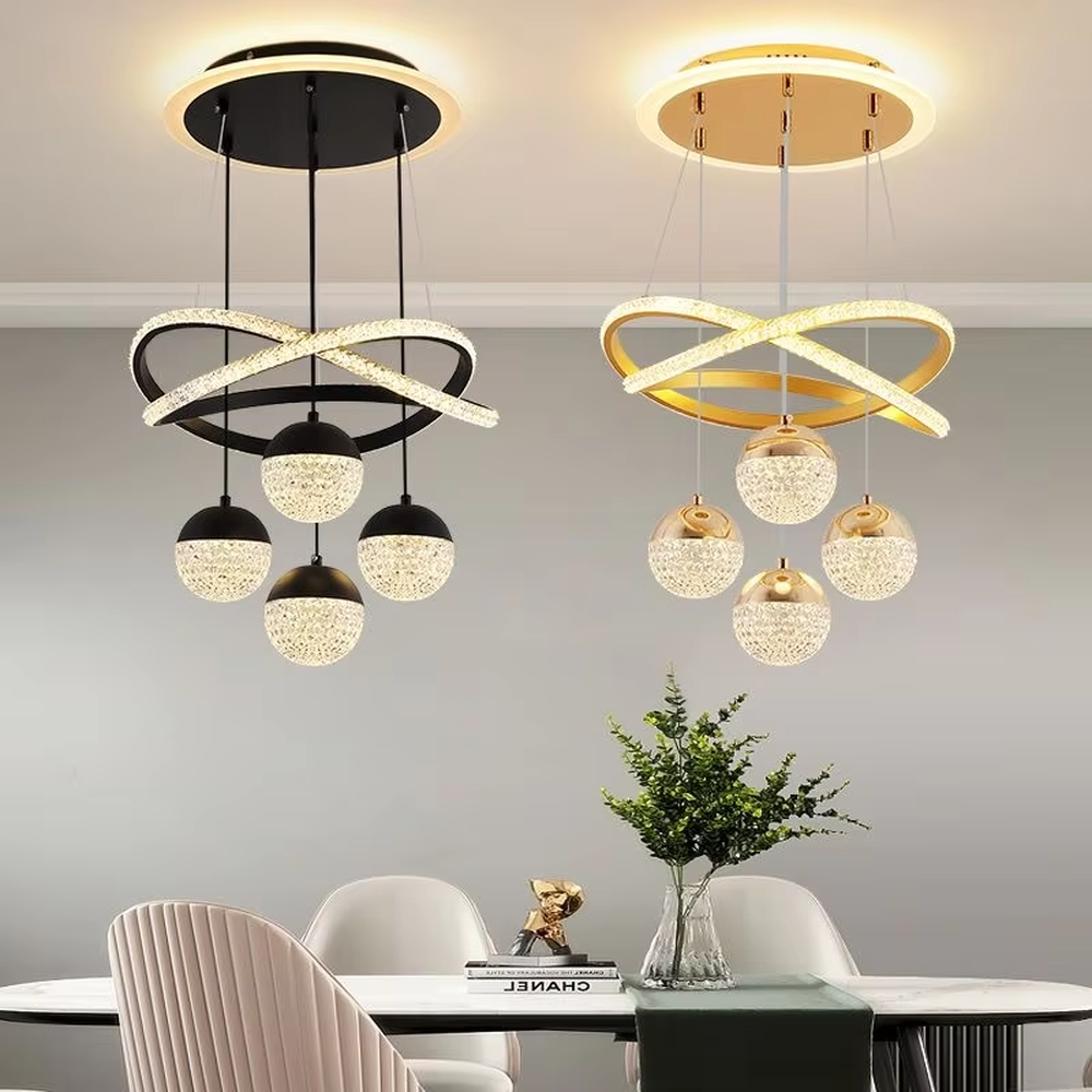 Light luxury double-ring crystal chandelier (black ring + crystal light strip + diamond-pattern glass balls), warm light effect, creating a stylish and luxurious home atmosphere.