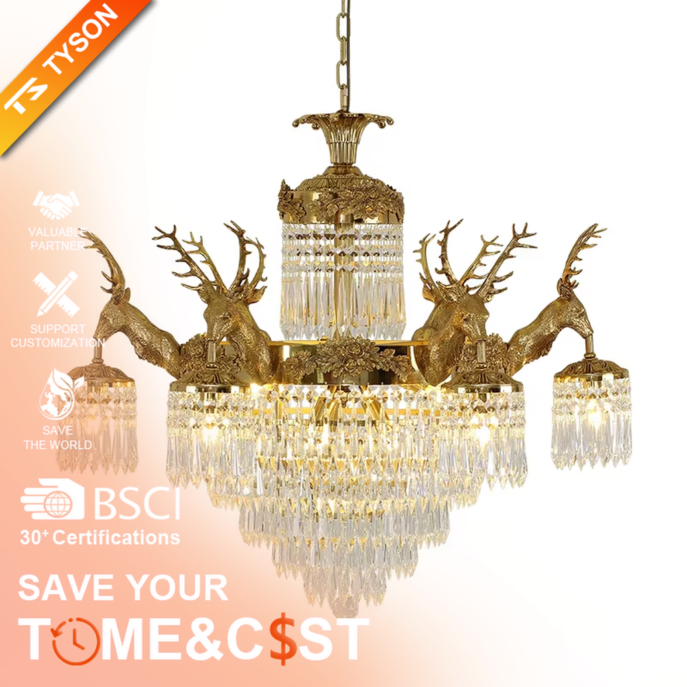 European palace-style golden deer-shaped crystal chandelier, warm light effect, creating a luxurious and elegant nature-themed space atmosphere.