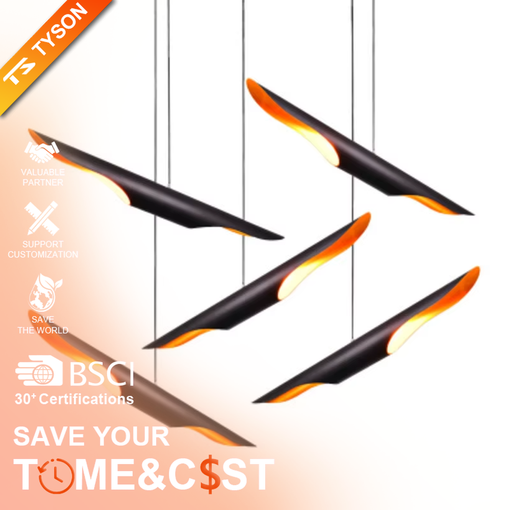 This modern minimalist wing-shaped chandelier features a black metal body with warm light LED strips embedded in the edges, hung in a scattered bird-like shape. It serves both lighting and decorative purposes, ideal for high-ceiling living rooms, light luxury restaurants, high-end office spaces and other scenarios.