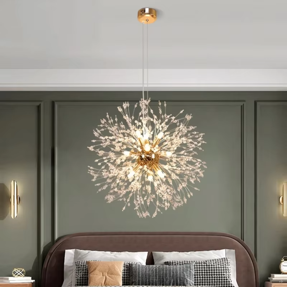 This light luxury dandelion-shaped chandelier features a spherical firework/dandelion design made of metal and light-transmitting material, emitting brilliant and soft light, serving both lighting and decorative purposes, ideal for dining rooms, living rooms, light luxury commercial spaces and other scenarios.