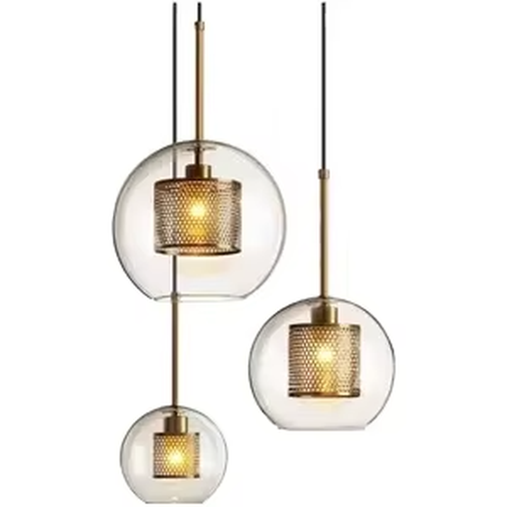 Modern light luxury golden mesh shade glass ball chandelier (multi-size combination), warm light effect, creating an exquisite layered minimalist space atmosphere.
