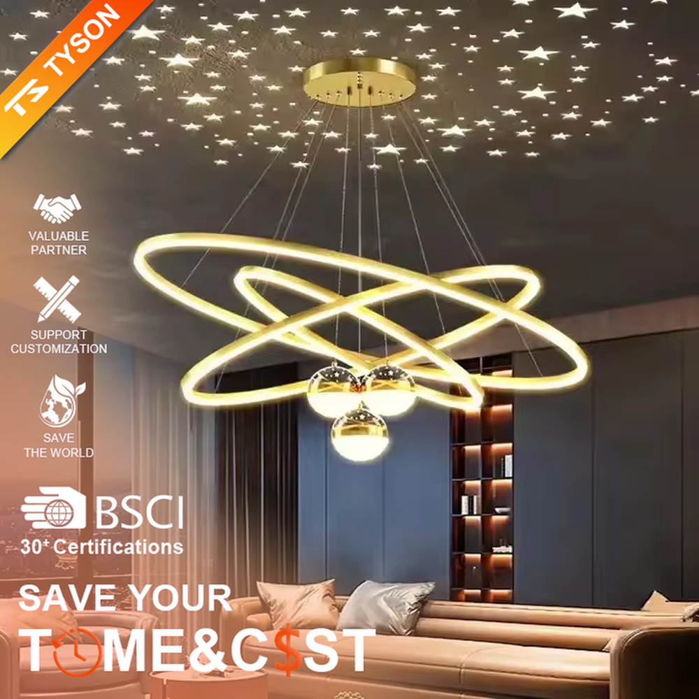 This modern light luxury galaxy-shaped chandelier features multi-layer interlaced ring light strips made of gold metal, paired with spherical crystal lamp shades, and has a built-in starry sky projection effect on the top. It serves both lighting and decorative purposes, ideal for modern home spaces such as living rooms and dining rooms, as well as light luxury commercial venues.