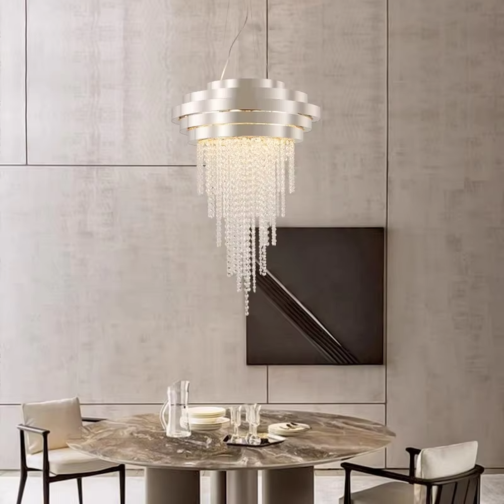 Modern light luxury gold-top black crystal string chandelier, golden multi-layer ring top + black crystal string decoration, brilliant and high-end lighting, creating a luxurious texture space atmosphere.