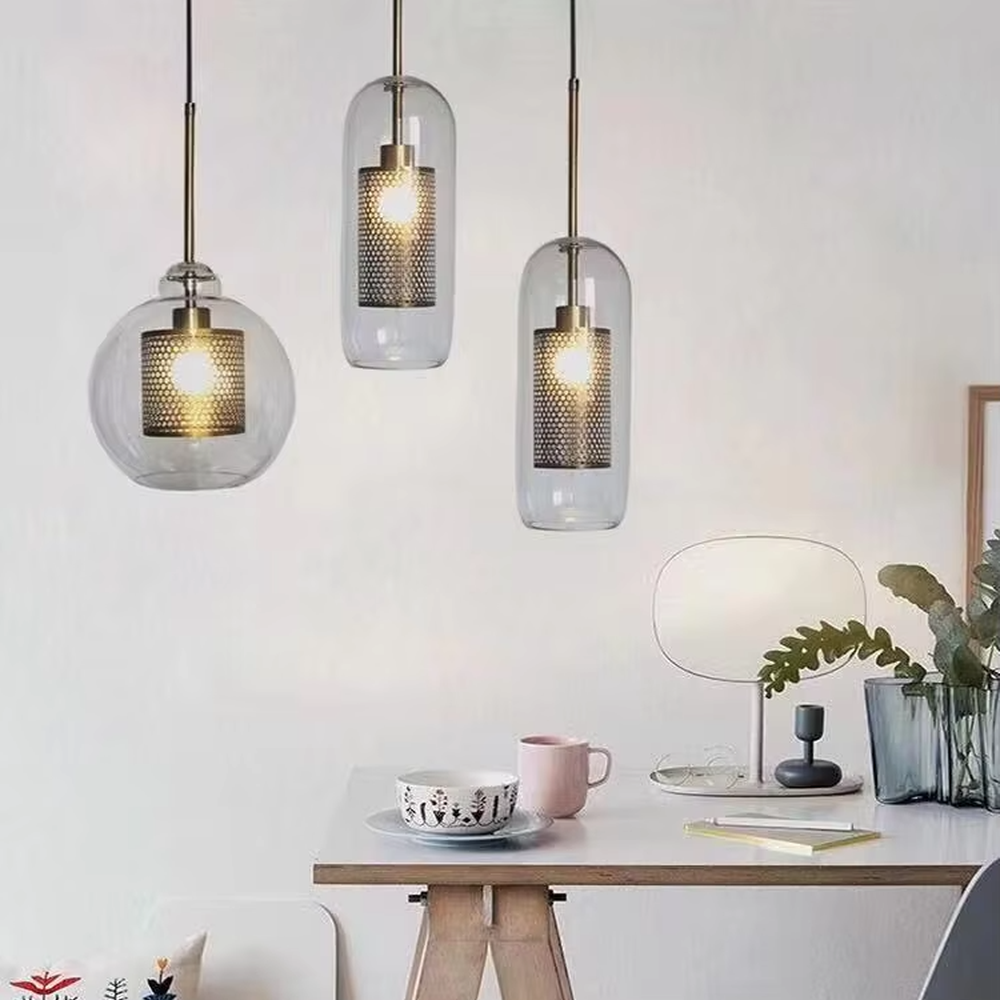 Modern light luxury golden mesh shade glass ball chandelier (multi-size combination), warm light effect, creating an exquisite layered minimalist space atmosphere.