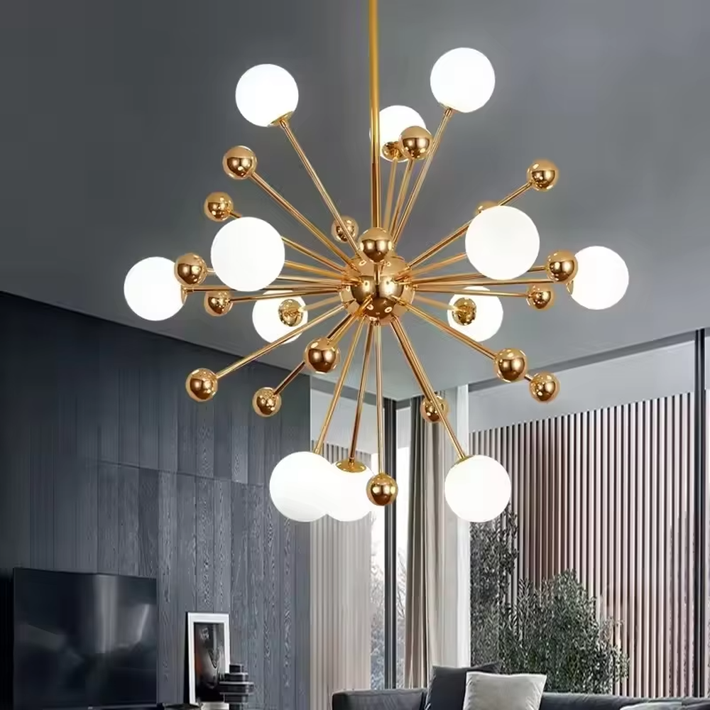 This is a modern molecular-style chandelier with a golden metal frame in a radial design, paired with multiple white spherical lampshades. It features a simple and stylish design with artistic sense. It is used for space lighting and decoration, creating a modern luxury ambiance. It is suitable for modern home living rooms, luxury apartment living areas, creative studios and other places.