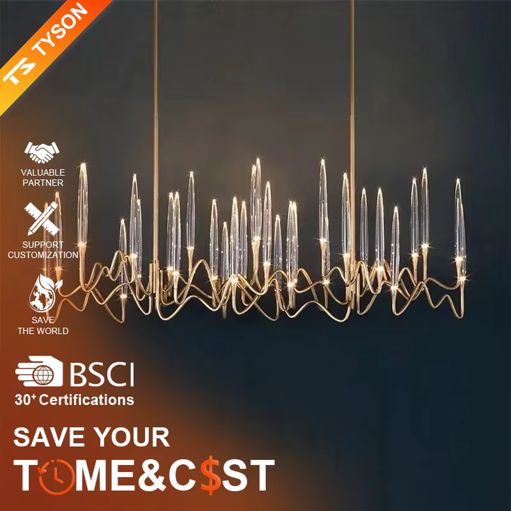 This is a modern artistic luxury chandelier, with a golden metal curved frame and transparent glass tube - shaped lampshades, featuring artistic layers and strong luxury sense. It is used for space lighting and decoration, creating an artistic luxury atmosphere. It is suitable for high - end restaurants, modern luxury home living rooms, art soft decoration spaces and other places.