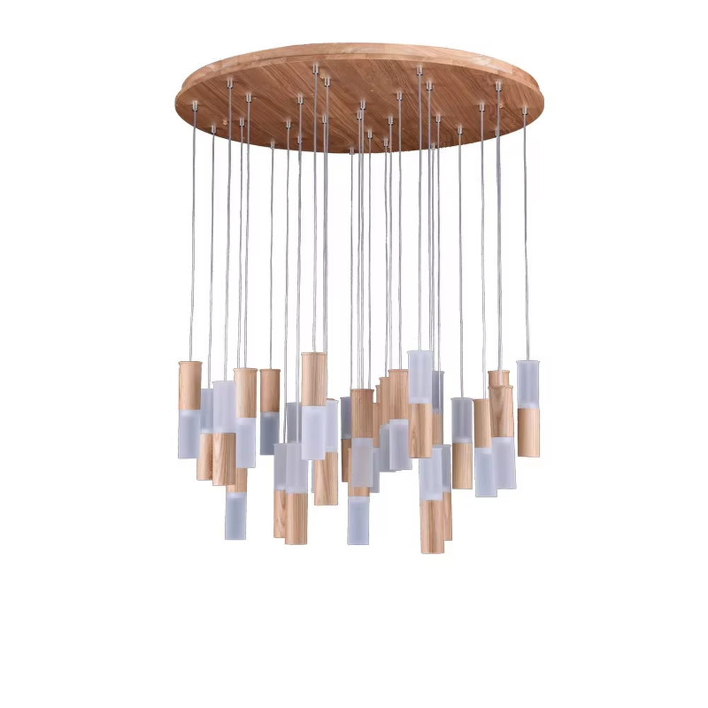 Natural minimalist wood and frosted glass cylinder multi-head pendant light, warm light effect, creating a natural cozy atmosphere.