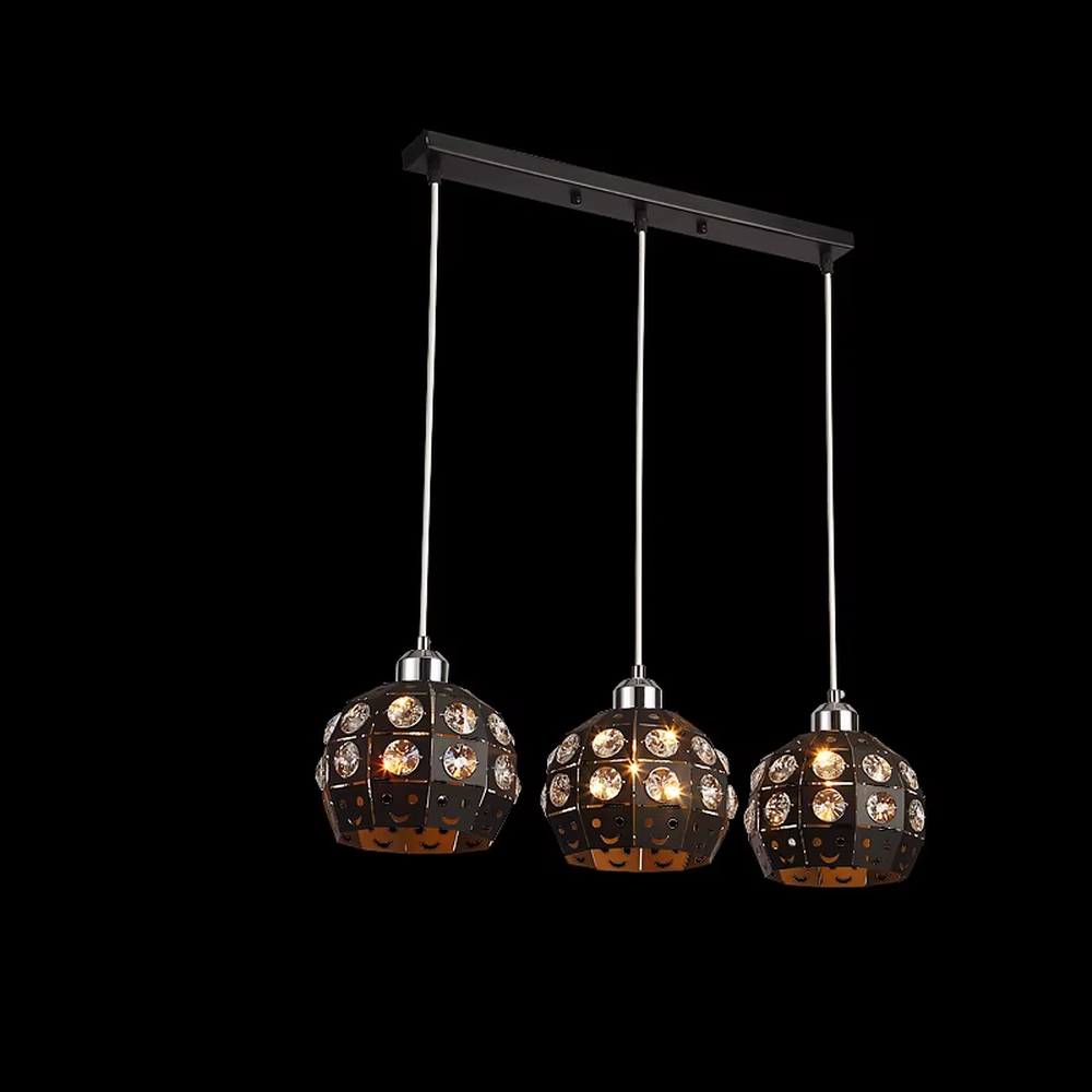 This light luxury three-head dining chandelier features a black metal top frame, paired with silver suspension rods and hollow black-gold spherical lampshades (embedded with crystal accents), with an exquisite and brilliant shape, serving both lighting and decorative purposes, ideal for dining rooms, bars, light luxury homes and other scenarios.