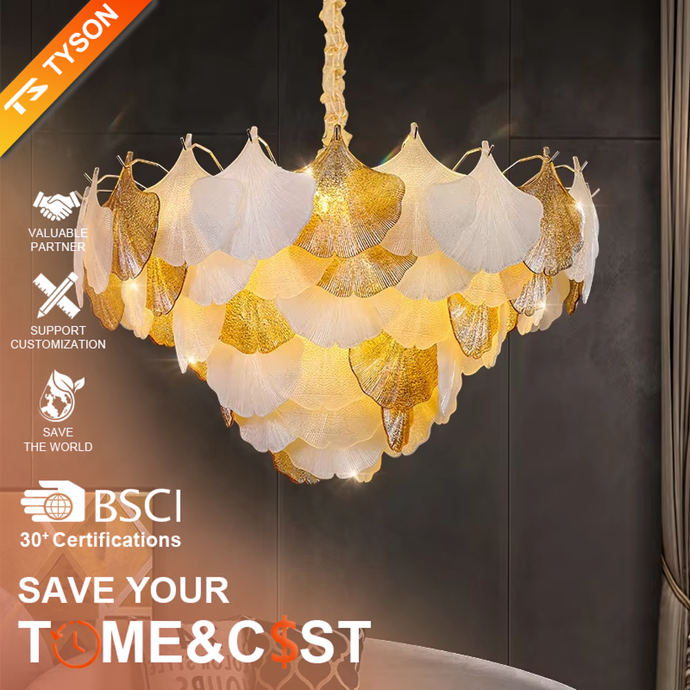 This is an artistic ginkgo leaf-shaped ceiling lamp, featuring gradient (off-white to light gold) textured leaf-shaped lampshades paired with golden metal connectors. The lighting is soft and warm, creating a natural and elegant space atmosphere.