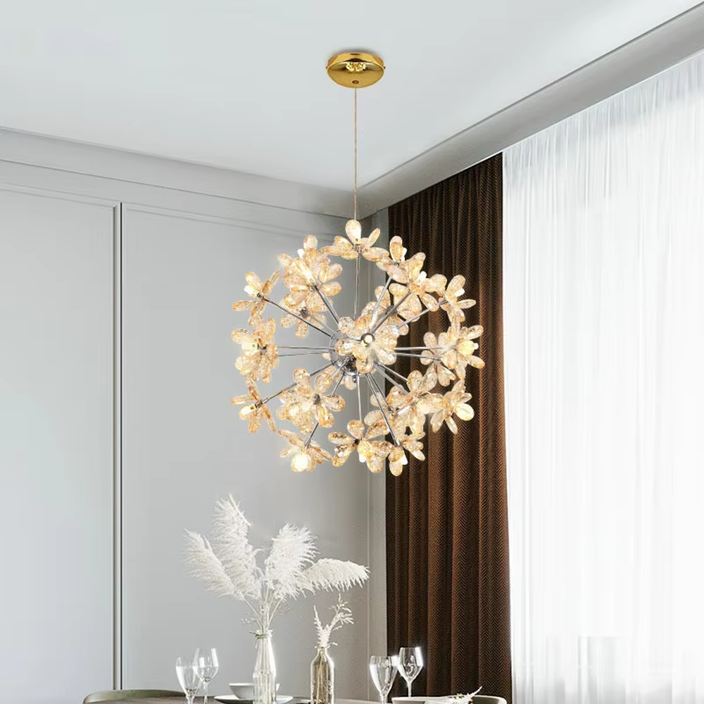 Art dandelion crystal chandelier (crystal petals + radial frame), warm light effect, creating a dreamy and luxurious space atmosphere.
