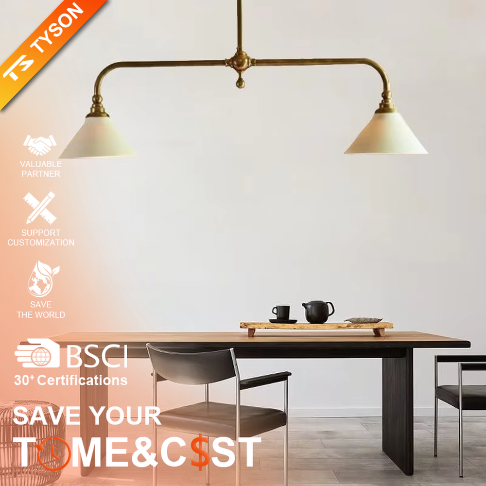 This is a Nordic retro-style double-head chandelier, with a golden metal stand and white conical lampshades, featuring a minimalist retro design and warm texture. It is used for space lighting and decoration, creating a warm retro atmosphere. It is suitable for Nordic-style restaurants, retro-style home living rooms, homestay dining areas and other places.