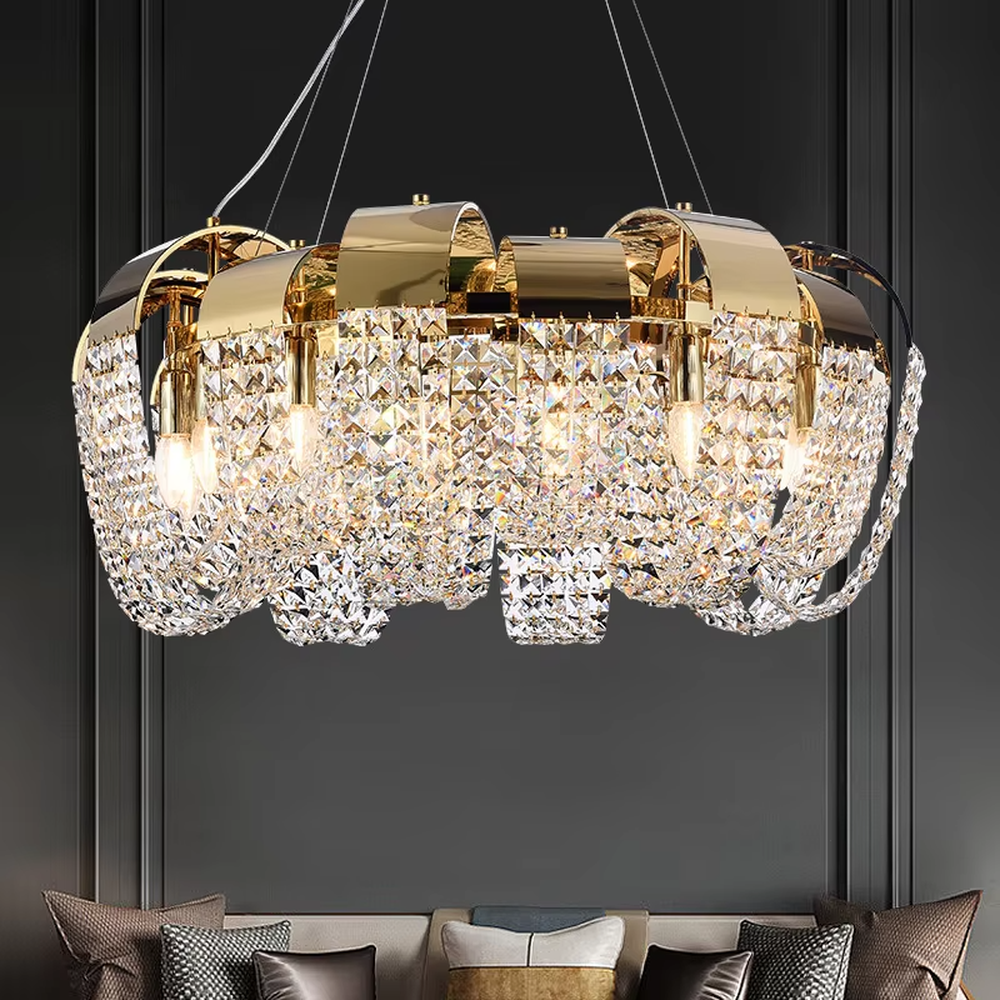Light luxury modern golden frame crystal winding chandelier, ring-shaped crystal string design + warm light bulbs, creating a flexible luxurious atmosphere.