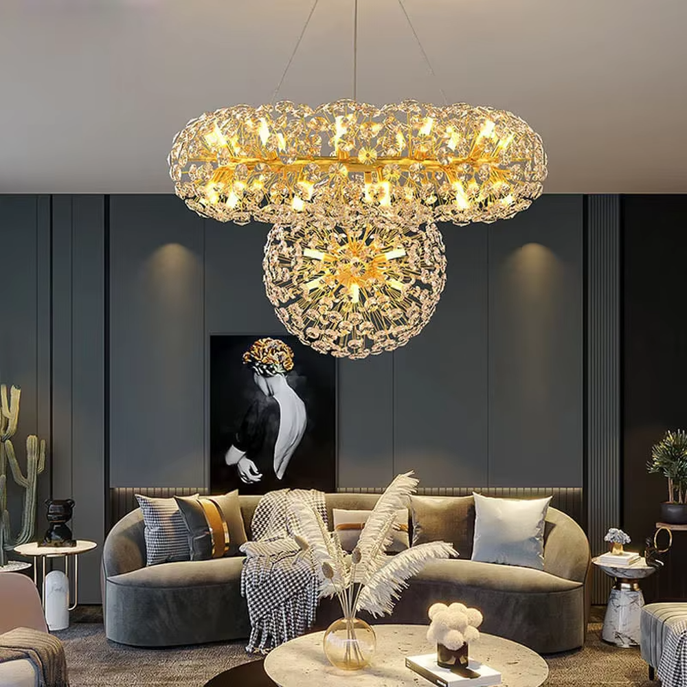 Light luxury dandelion-shaped golden frame crystal ball chandelier, warm light effect, creating an exquisite artistic space atmosphere.