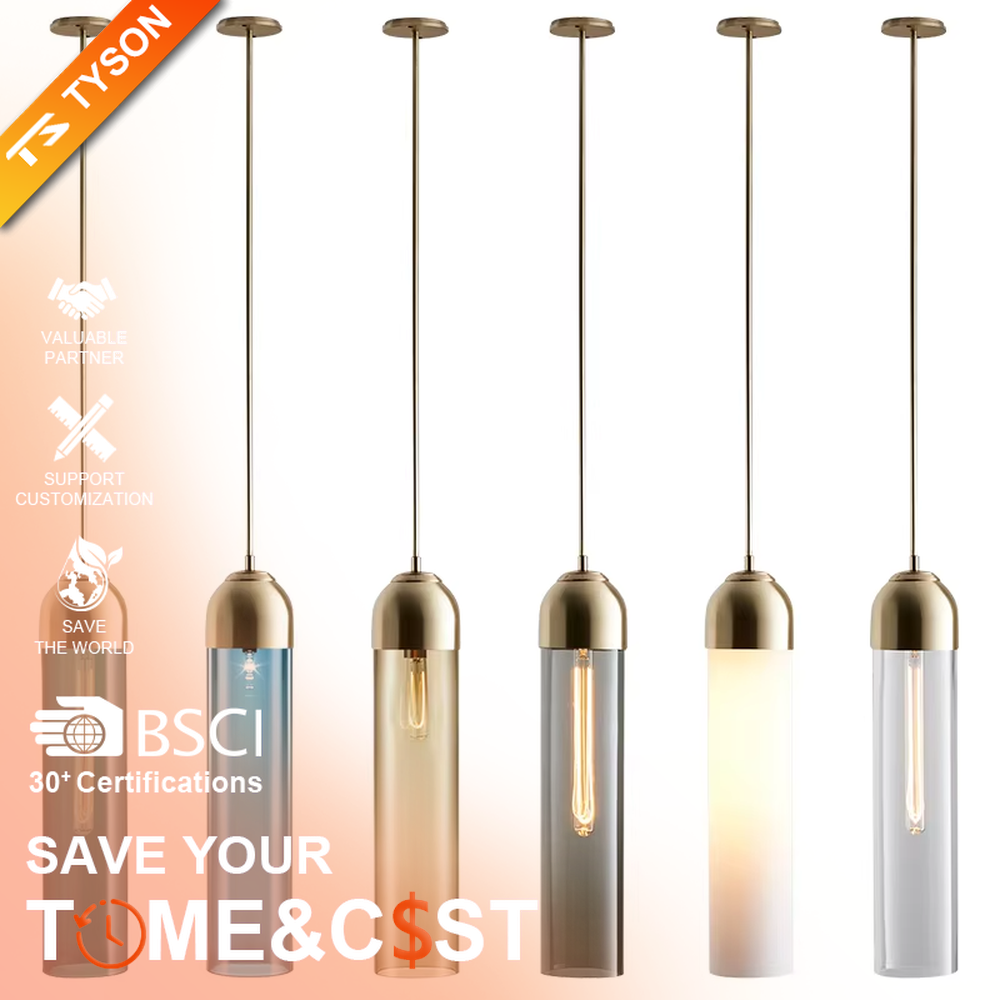 Modern minimalist multi-color glass cylinder chandelier (gold/black top trim), warm light effect, creating a fresh and versatile minimalist space atmosphere.