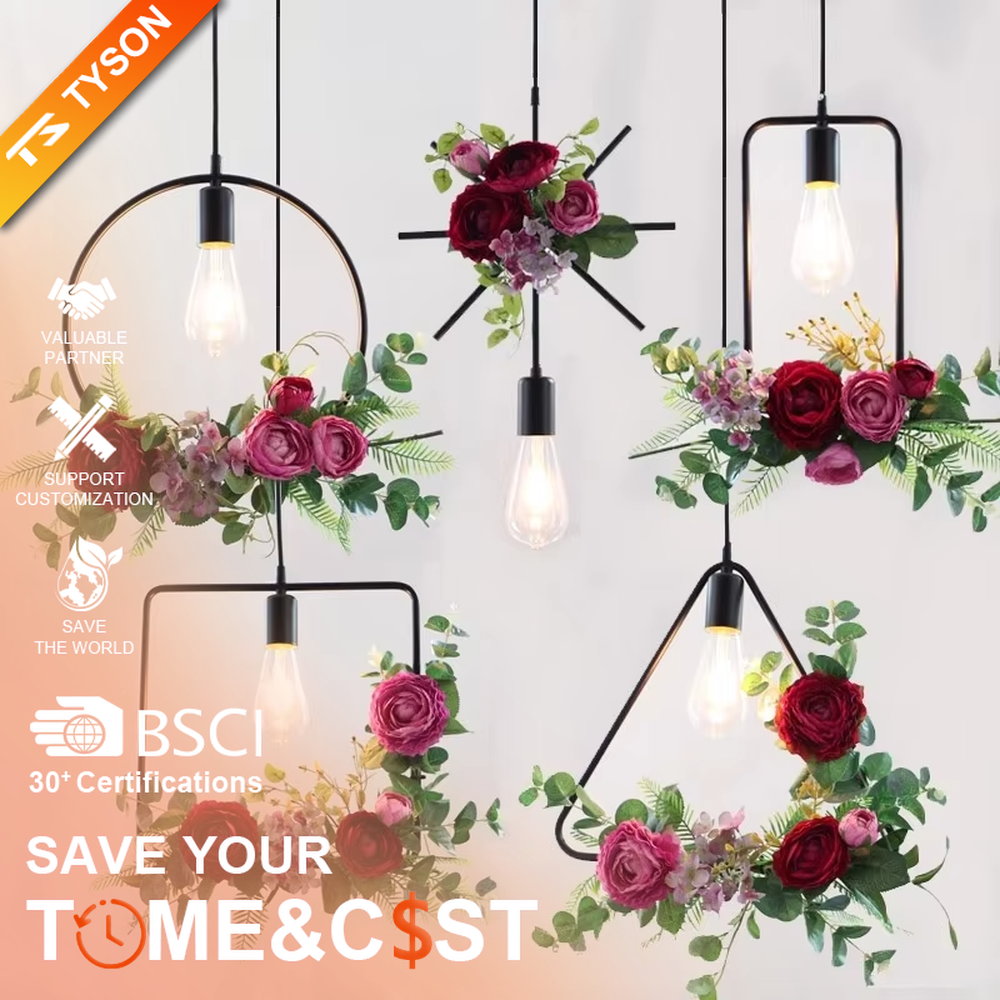 This is a romantic fresh-style geometric frame floral combination small chandelier, including golden metal star/triangle/circle frames, paired with pink-white artificial flowers and green plant decorations, and retro bulbs. The lighting is warm and soft, creating a romantic fresh atmosphere.