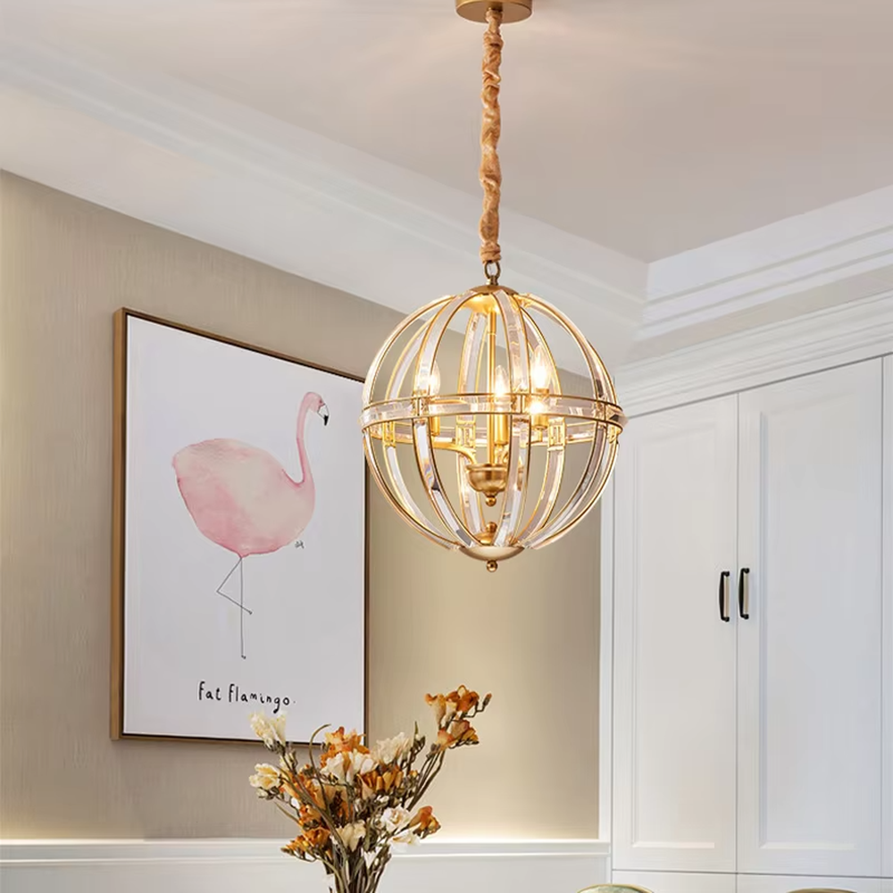 This light luxury modern spherical chandelier features a gold metal frame, paired with multi-layer interlaced lines and transparent crystal/glass material, with an exquisite and transparent shape. It serves both lighting and decorative purposes, ideal for modern light luxury home and commercial spaces such as dining rooms and living rooms.
