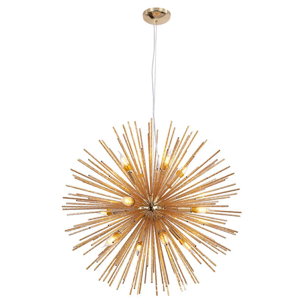 Light luxury golden firework radial-shaped hanging chandelier, radial metal strips + multi-bulb design, brilliant and vivid lighting, creating a vintage artistic atmosphere.