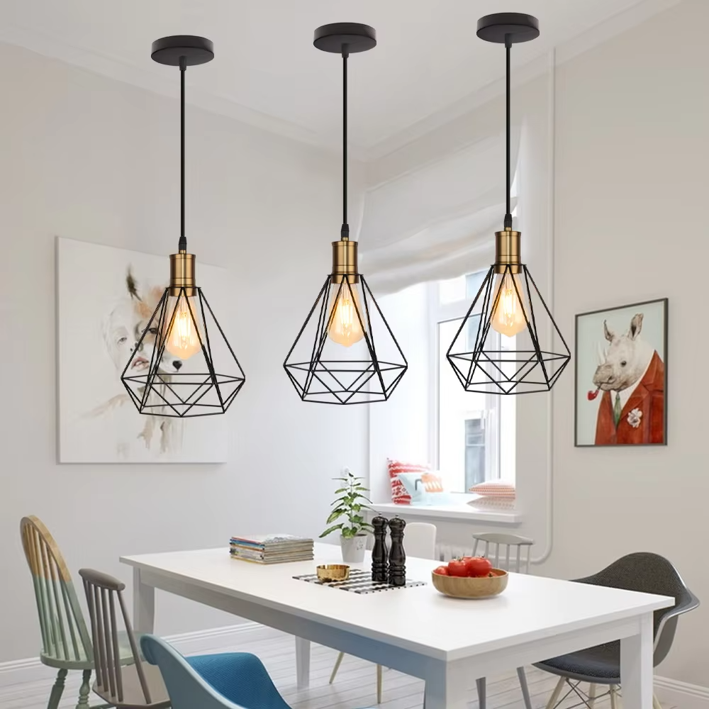 Nordic industrial style three-head iron chandelier, with black geometric rhombus metal frames and semi-transparent lampshades, three-head side-by-side design, soft and even light, used for lighting and decoration in dining tables, bars and other areas, suitable for modern minimalist, industrial style home and commercial spaces