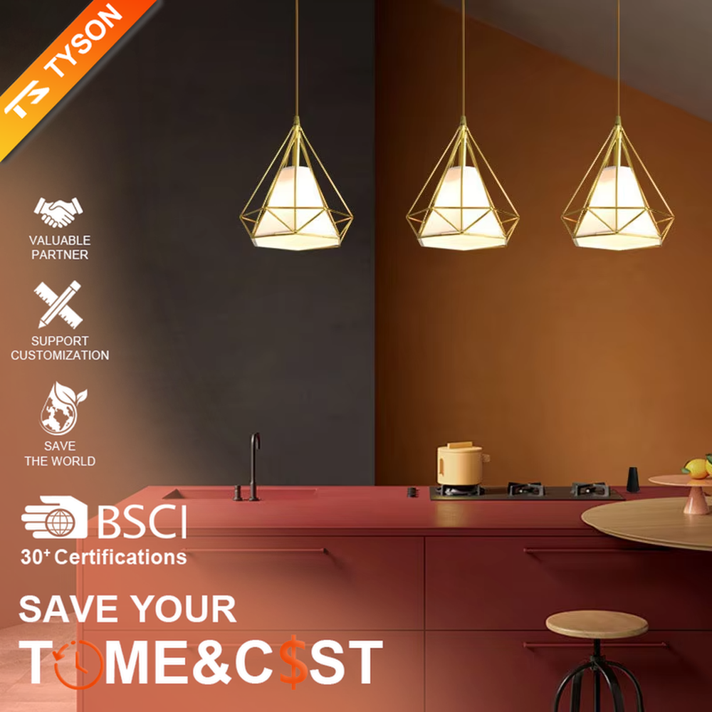 Light luxury geometric diamond triple chandelier (gold metal frame + translucent lampshade), warm light effect, creating a stylish and exquisite space atmosphere.