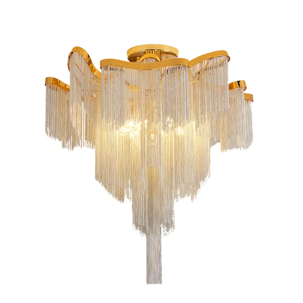 Modern light luxury golden frame light blue crystal tassel layered ceiling chandelier, warm light effect, creating an elegant and exquisite space atmosphere.