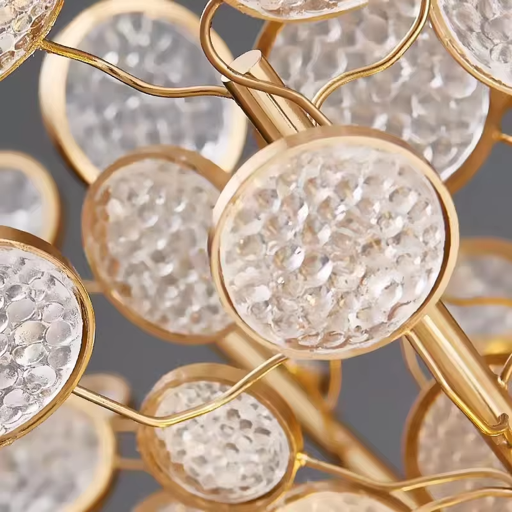 Modern art light luxury bubble cluster textured disk long chandelier, translucent textured disks + warm light effect, creating a flexible artistic light luxury atmosphere.