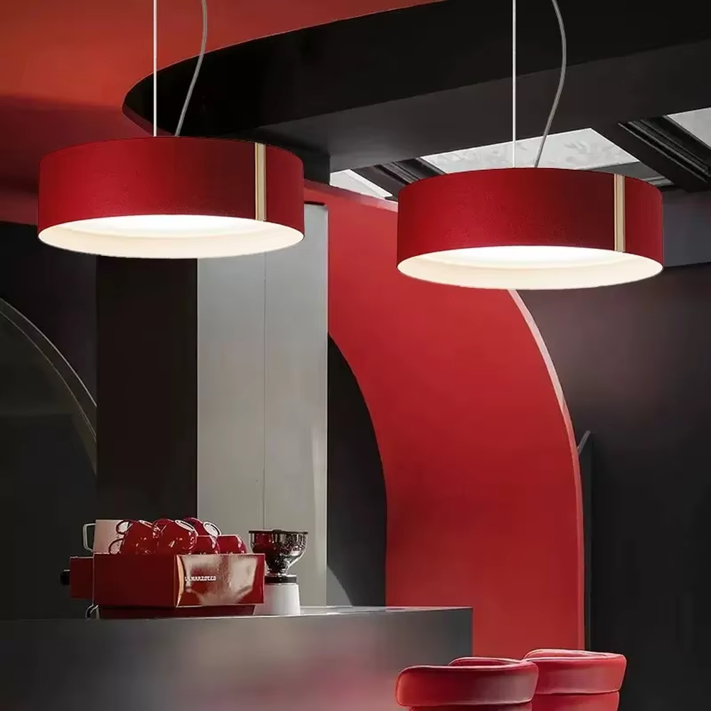 Modern minimalist purple fabric wood-decor round hanging chandelier, dark purple fabric lampshade + wood trim + warm light bottom edge, soft and warm lighting.