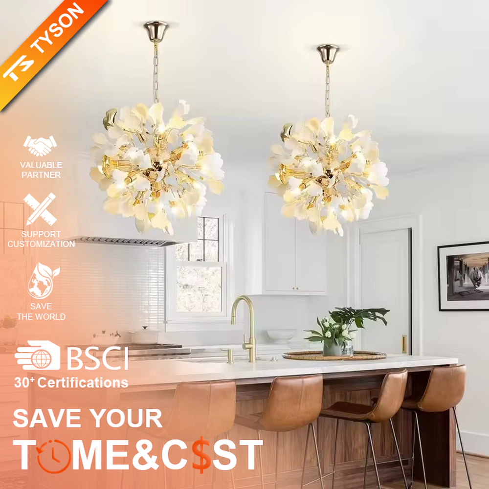 This is an artistic flower-shaped chandelier with a golden metal frame and white petal-shaped lampshades, featuring a fresh and elegant design with strong artistic sense. It is used for space lighting and decoration, creating a luxurious and elegant ambiance. It is suitable for luxury-style home living rooms, art foyers, high-end restaurants and other places.