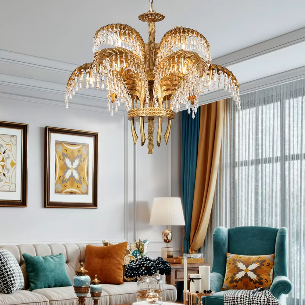 This is a luxurious tropical-style golden palm leaf crystal chandelier, with a golden metal palm leaf structure and numerous crystal pendants, featuring strong luxury and tropical artistic sense, brilliant lighting. It is used for space lighting and decoration, creating a high-end luxurious tropical atmosphere. Suitable for luxury villa living rooms, tropical-themed restaurants, high-end hotel lobbies and other places.
