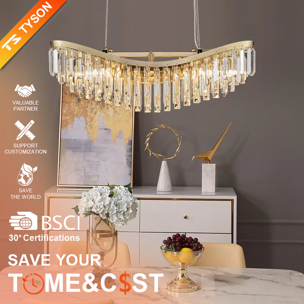 Light luxury golden curved long crystal chandelier, decorated with transparent crystal strips, brilliant and high-end lighting, creating a high-end light luxury atmosphere.