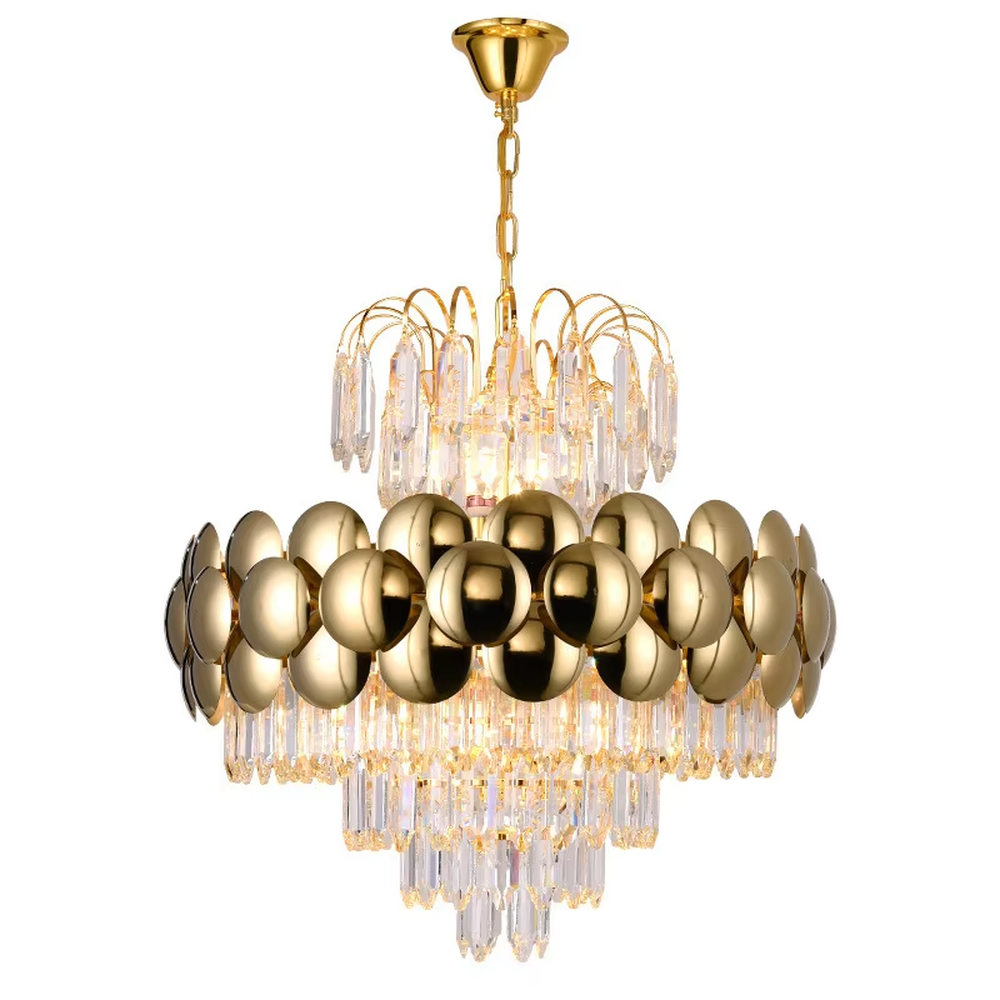 This is a luxurious modern-style golden spherical crystal multi-layer chandelier, combining golden metal spherical elements with multi-layer crystals. It features a grand and luxurious design with brilliant lighting. It is used for space lighting and decoration, creating a high-end luxurious atmosphere. Suitable for light luxury-style restaurants, luxury living rooms, high-end hotel banquet halls and other places.
