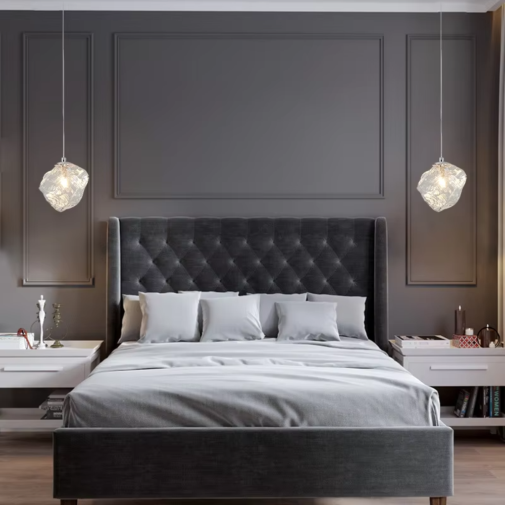 Art crystal stone glass chandelier (irregular crystal stone texture glass shade + metal hanging rod), warm light effect, creating a high-end artistic space atmosphere.