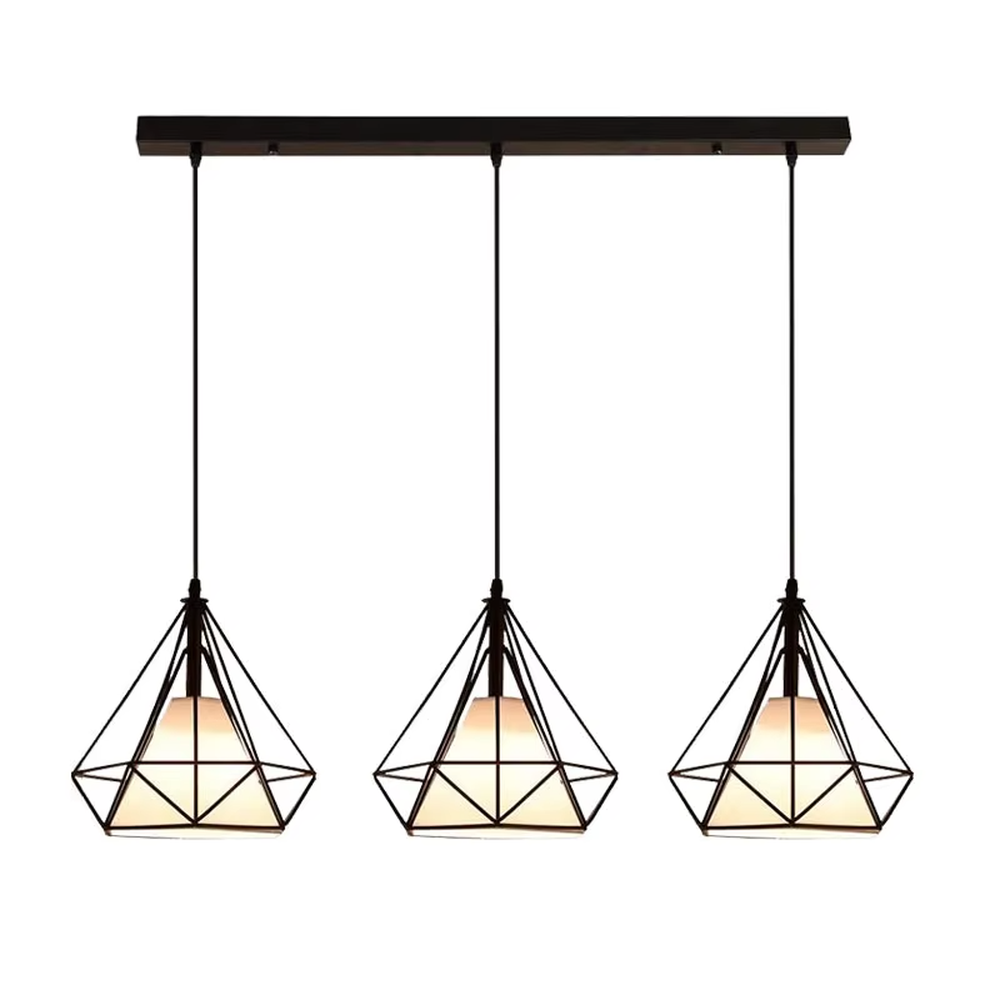 Nordic industrial style three-head iron chandelier, with black geometric rhombus metal frames and semi-transparent lampshades, three-head side-by-side design, soft and even light, used for lighting and decoration in dining tables, bars and other areas, suitable for modern minimalist, industrial style home and commercial spaces
