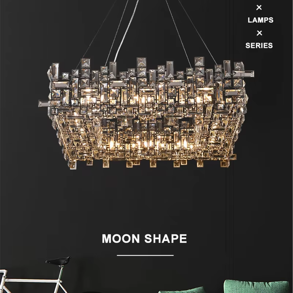 This is a modern luxurious rectangular crystal block combination chandelier, composed of a large number of transparent cut crystal blocks irregularly spliced into a rectangular shape, paired with a metal frame. The light through the crystals is brilliant and bright, creating a high-end modern luxurious atmosphere.